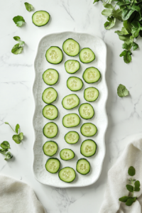 This image shows neatly arranged cucumber slices on a white serving plate, prepared as the base for the shrimp salad topping.