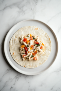 A warm tortilla is filled with a generous portion of slow-cooked chicken, peppers, and onions for a delicious fajita.