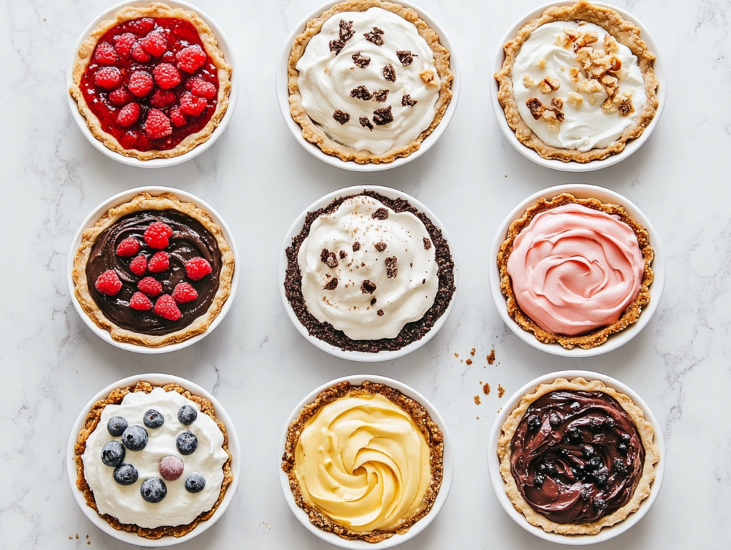 this image shows visually stunning display of 10 vegan cream pies arranged on a marble counter, perfect for parties. This collection includes banana cream pie, apple cream pie, peach cream pie, key lime pie, pumpkin cream pie, pretzel peanut butter chocolate pie, vegan chocolate pie, vegan gluten-free pumpkin pie, vegan peanut butter cup pie, and chocolate peanut butter mousse pie, each styled with unique toppings like whipped cream, fruit slices, and cocoa powder.