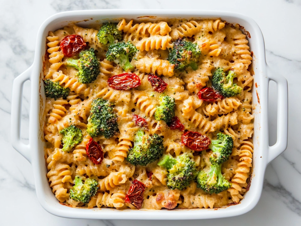 this image shows A delicious square dish filled with baked hummus pasta featuring spiral pasta, broccoli, garlic, sun-dried tomatoes, and cherry tomatoes, all coated in melty cheese, Italian seasoning, and black pepper, served hot.