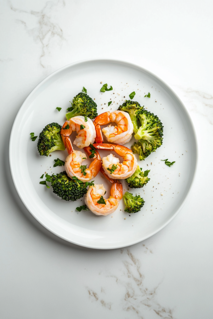 This image shows a plate of baked shrimp and broccoli, seasoned and garnished with fresh chopped cilantro, creating a simple and healthy low-carb dinner option.