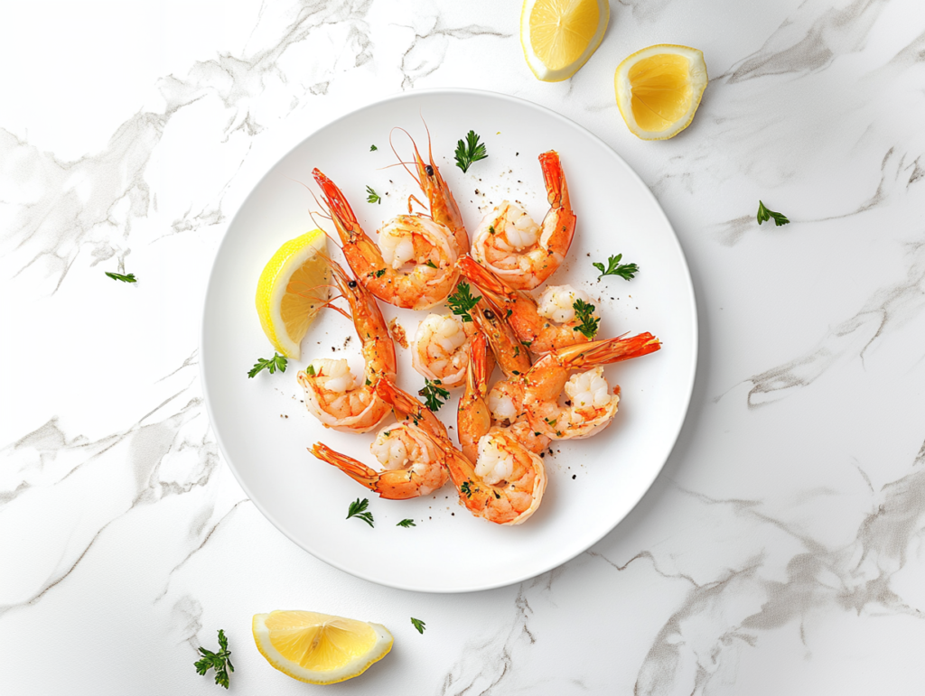 This image shows a plate of perfectly baked shrimp, garnished with chopped cilantro and served with a half-cut lemon on the side for added freshness.