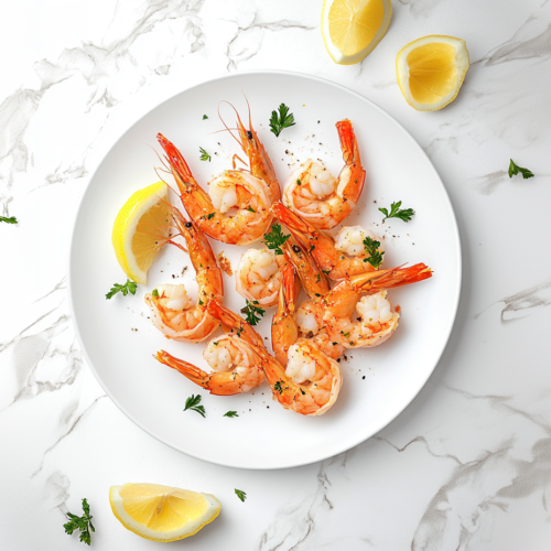 This image shows a plate of perfectly baked shrimp, garnished with chopped cilantro and served with a half-cut lemon on the side for added freshness.