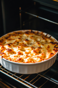 This image shows the casserole baking in the oven, with the cheese beginning to melt and turn golden.