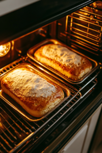 A top-down shot of loaf pans filled with batter baking in the oven, with the bread starting to rise and brown perfectly.