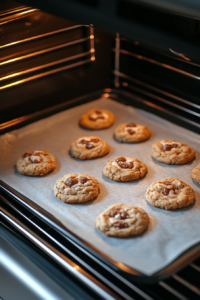 This image shows a tray of cookie dough balls baking in the oven, transforming into golden, low-calorie chocolate chip cookies.