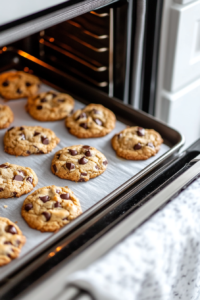 tray of salted caramel cookies baking in the oven, turning golden brown with melty chocolate chips and caramel bubbling on the surface.