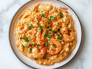 This image shows a plate of Bang Bang shrimp pasta, featuring tender shrimp seasoned with paprika and garlic, served over perfectly cooked pasta with a creamy and flavorful sauce, garnished with fresh parsley.