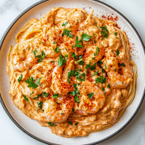 This image shows a plate of Bang Bang shrimp pasta, featuring tender shrimp seasoned with paprika and garlic, served over perfectly cooked pasta with a creamy and flavorful sauce, garnished with fresh parsley.