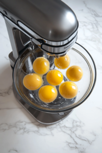 This image shows bright yellow egg yolks being beaten in a stand mixer, forming the rich base for the French Buttercream.