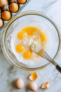 top-down shot of eggs being whisked in a mixing bowl, creating a frothy base for the wet ingredients in the zucchini bread batter.