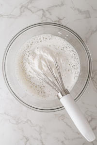 This image shows the chickpea liquid being whipped in a mixing bowl with a hand mixer, starting to form soft peaks for vegan whipped cream.