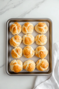 This image shows golden biscuits baking in an oven, forming the crispy and fluffy topping for the crockpot chicken pot pie.