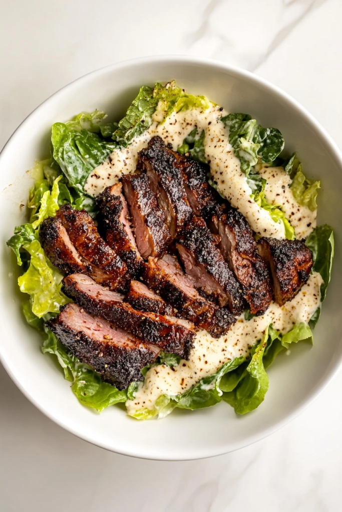 This image shows a white bowl filled with crispy romaine lettuce, blackened pork slices, croutons, and a creamy Caesar dressing made with mayonnaise, olive oil, lemon juice, minced garlic, seasoned salt, and pepper.