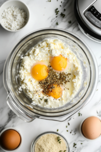 This image shows ingredients like cottage cheese, eggs, and seasonings being blended into a smooth mixture, forming the base for the cottage cheese flatbread.