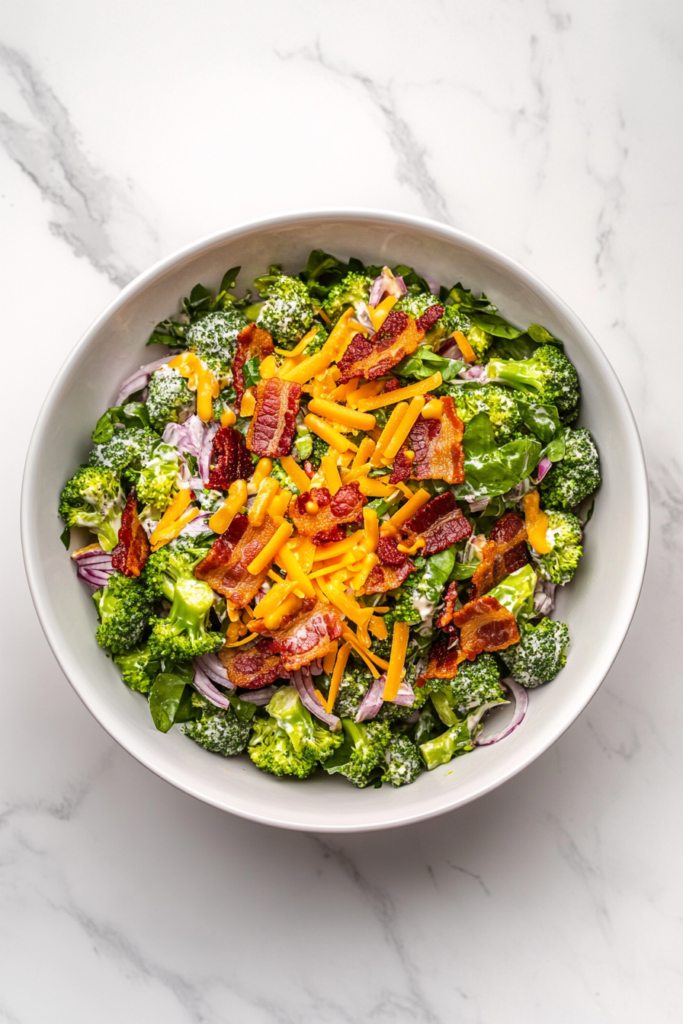 This image shows a white bowl of broccoli salad mixed with crispy bacon and tossed in a smooth dressing made by whisking together