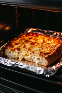 Bread under a broiler with the cheese topping turning golden brown and bubbly, a key step to achieving a perfect crust.