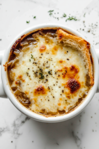 This image shows a top-down shot of the French Onion Soup under the broiler, allowing the cheese to melt and create a golden, bubbly topping.