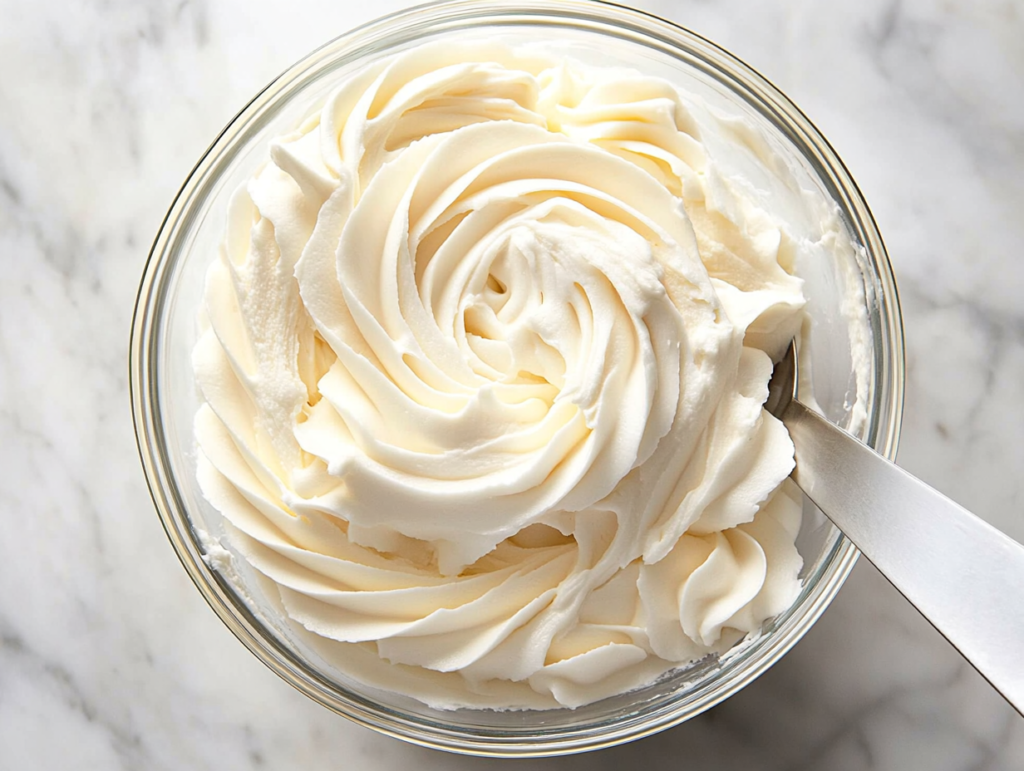 This image shows a glass bowl filled with buttercream frosting made from unsalted butter, confectioners' sugar, milk, and vanilla extract, perfect for decorating cakes and cupcakes.