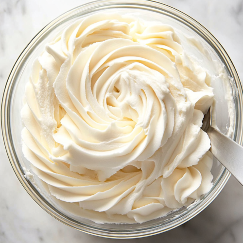 This image shows a glass bowl filled with buttercream frosting made from unsalted butter, confectioners' sugar, milk, and vanilla extract, perfect for decorating cakes and cupcakes.