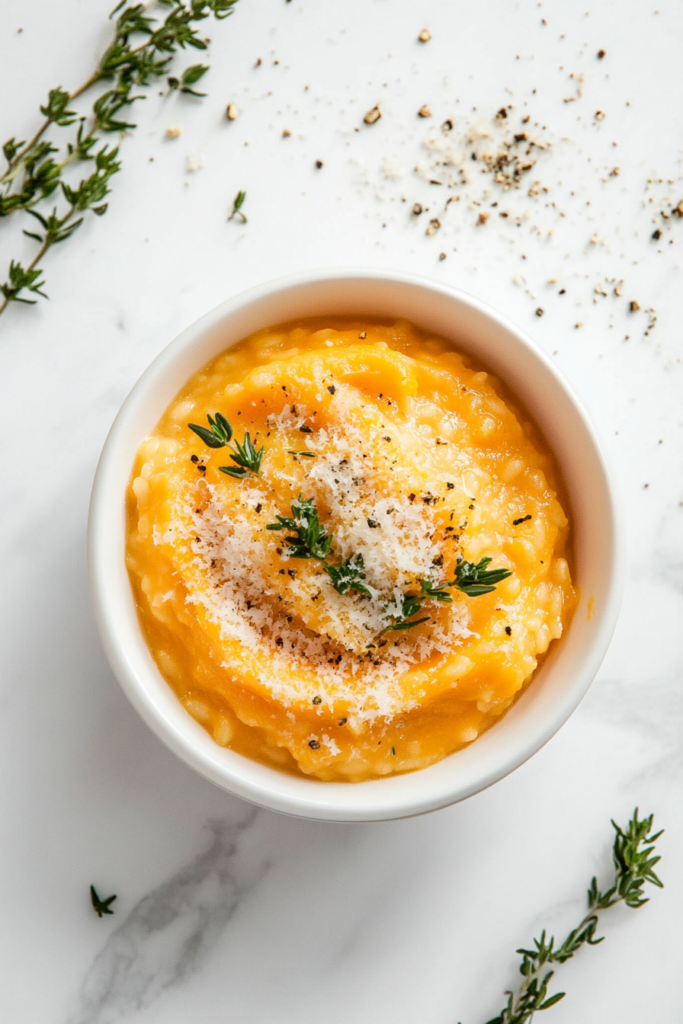 This image shows a white round bowl filled with creamy butternut squash risotto, flavored with garlic, sage, and rice, and topped with grated cheese, creating a comforting and flavorful vegetarian dish.