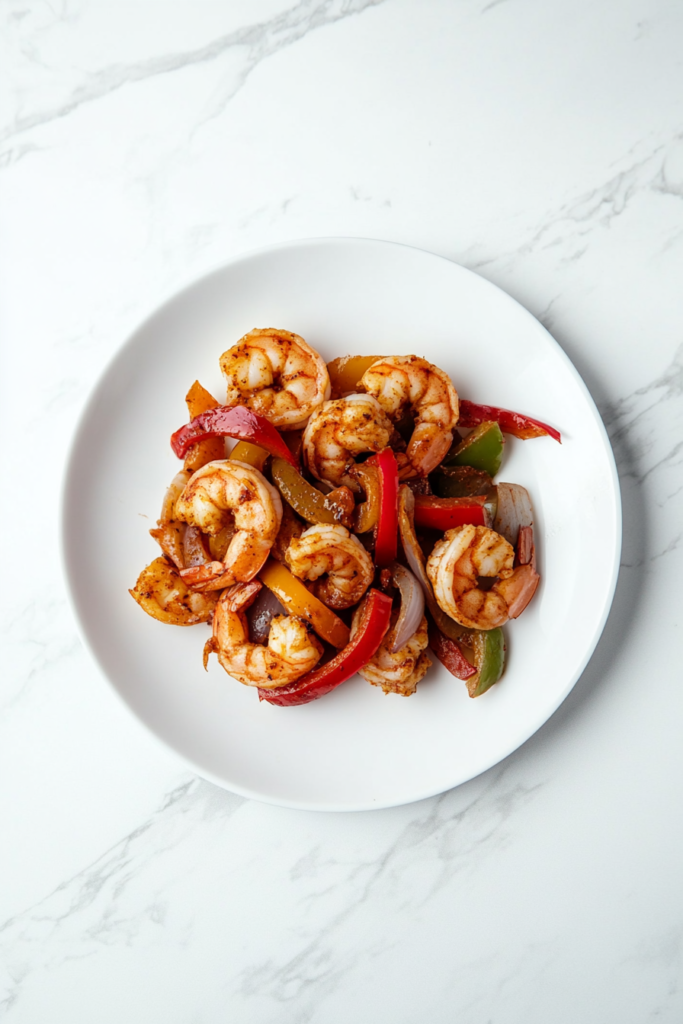 This image shows a skillet of Cajun shrimp, stirred to evenly coat each piece in bold spices, creating a hearty and flavorful dish.