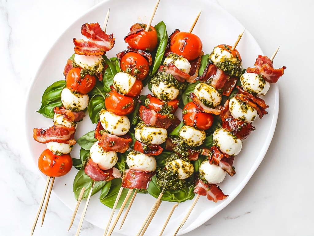 This image shows a serving of Caprese salad skewers arranged on a white round plate, featuring cherry tomatoes, mozzarella balls, basil leaves, and crispy bacon, drizzled with fresh pesto for a mouthwatering presentation.