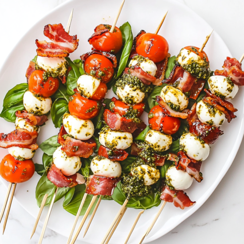 This image shows a serving of Caprese salad skewers arranged on a white round plate, featuring cherry tomatoes, mozzarella balls, basil leaves, and crispy bacon, drizzled with fresh pesto for a mouthwatering presentation.