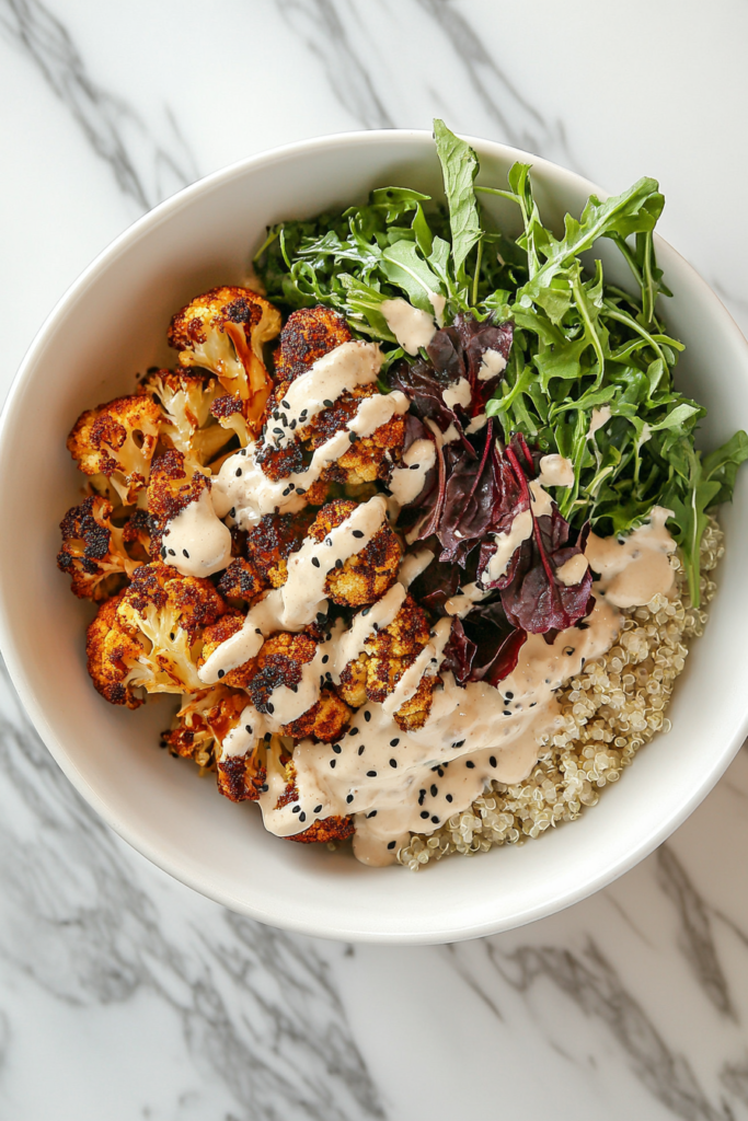 This image shows a white round bowl filled with roasted cauliflower, garnished with a lime wedge and a vibrant medley of flavors, offering a simple and nourishing plant-based meal.