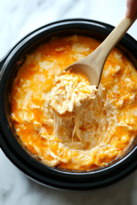 This image shows the Buffalo Chicken Dip being checked for its consistency, revealing a creamy, smooth, and perfectly blended texture.