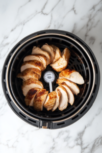 This image shows a meat thermometer being used to check the internal temperature of air fryer chicken cutlets, ensuring they are cooked to perfection.