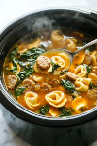 This image shows a spoon lifting tortellini and broth from the crockpot to check if the soup is fully cooked and ready to serve.