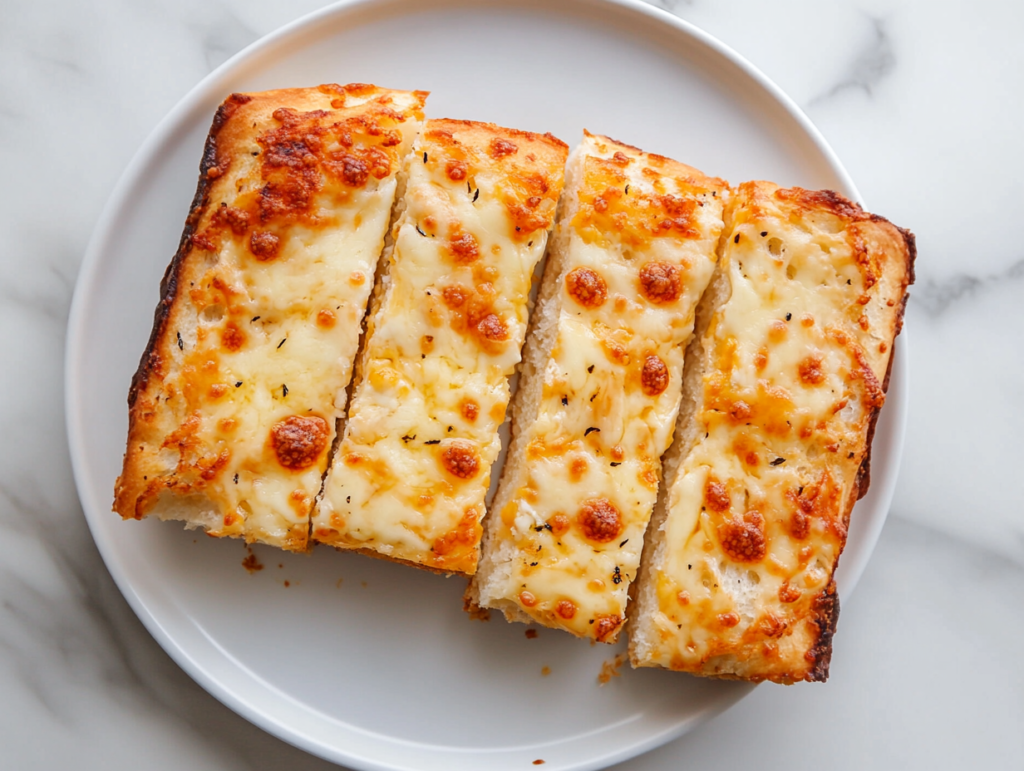 top-down view of golden, cheesy bread served on a white round plate. The bread is topped with melted mozzarella cheese, green onions, and a creamy mixture of mayonnaise and sour cream.