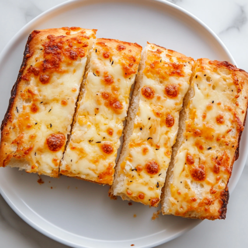 top-down view of golden, cheesy bread served on a white round plate. The bread is topped with melted mozzarella cheese, green onions, and a creamy mixture of mayonnaise and sour cream.