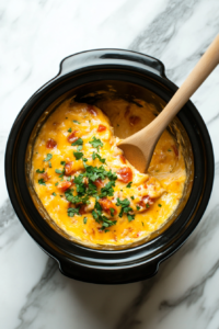 This image shows shredded cheese melting in a crockpot, blending into a smooth and creamy base for the queso dip.