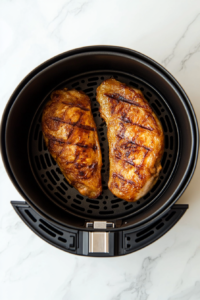 This image shows chicken breasts halfway through cooking in the air fryer, with golden edges forming as they roast to perfection.