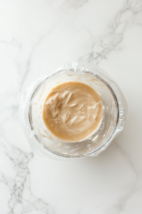 This image shows garlic-lime sauce being chilled in a bowl, allowing the flavors to meld before being drizzled over the keto chicken taco lettuce wraps.