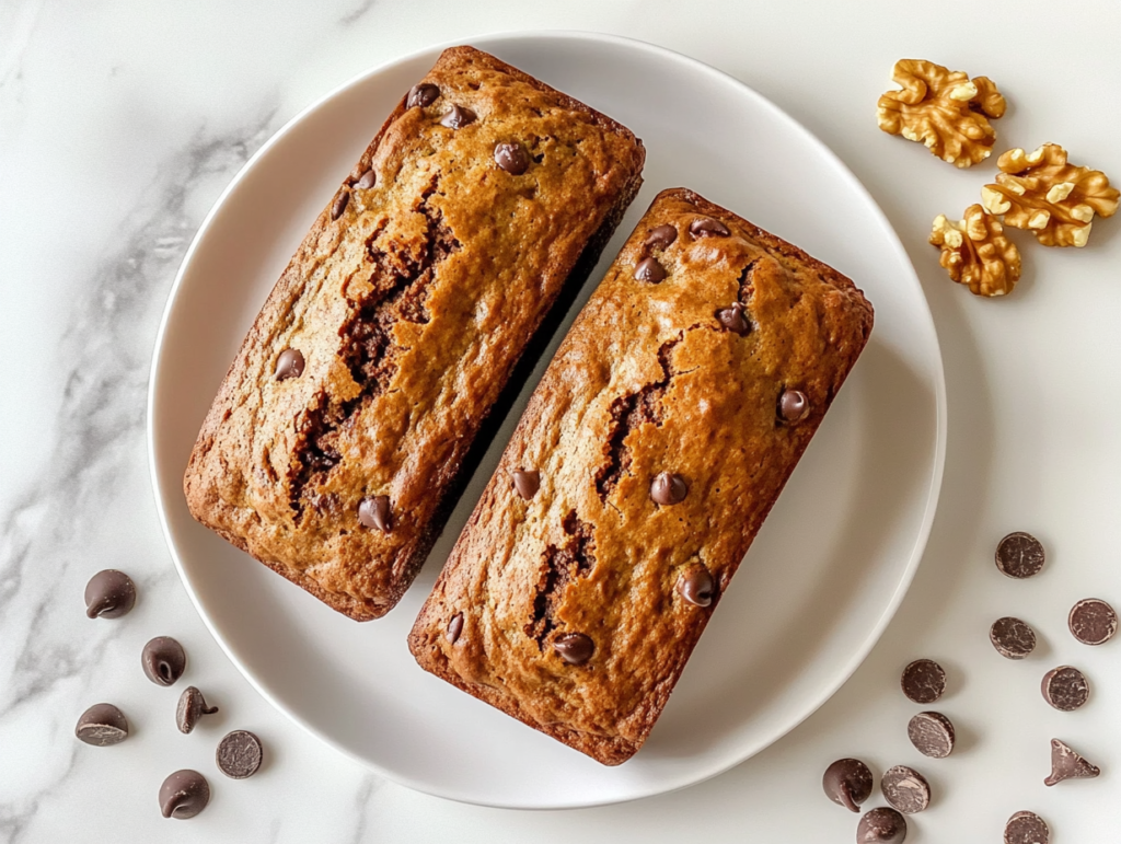 beautifully baked chocolate chip zucchini bread served on a white round plate, showcasing its moist texture with visible grated zucchini, melted chocolate chips, and chopped walnuts.