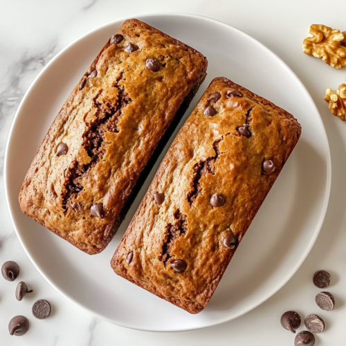 beautifully baked chocolate chip zucchini bread served on a white round plate, showcasing its moist texture with visible grated zucchini, melted chocolate chips, and chopped walnuts.