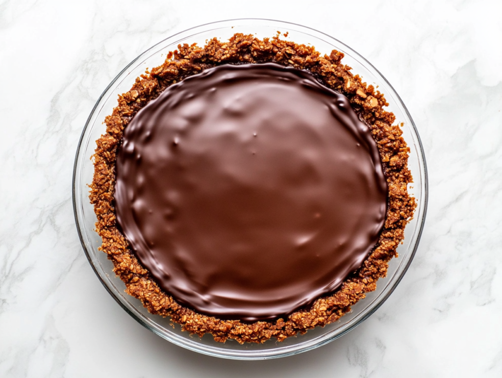 this image shows a decadent chocolate truffle pie served in a glass dish, featuring a creamy filling made with dark chocolate, raw cacao powder, and coconut milk, layered over a pecan crust and topped with a dusting of cocoa powder for a rich, indulgent dessert.