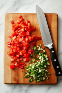 This image shows bell pepper and scallions being chopped on a cutting board, preparing them to be sautéed and added to the keto cabbage rice mixture.