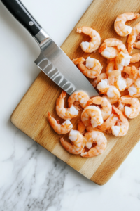 this image shows Cooked shrimp being finely chopped on a cutting board, ready to be combined with other ceviche ingredients.