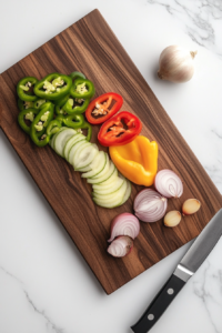 This image shows fresh bell peppers and onions being diced on a cutting board, ready to be sautéed for the flavorful Jamaican creamy curry.