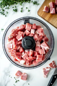 This image shows cubed natural uncured ham being finely chopped in a food processor to create the base for a keto deviled ham salad.