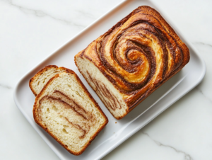 This image shows a freshly baked loaf of cinnamon swirl bread served on a white square plate, with a slice placed beside it. The bread features a visually striking cinnamon swirl, highlighting the rich flavor of ground cinnamon.