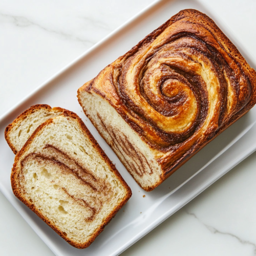 This image shows a freshly baked loaf of cinnamon swirl bread served on a white square plate, with a slice placed beside it. The bread features a visually striking cinnamon swirl, highlighting the rich flavor of ground cinnamon.