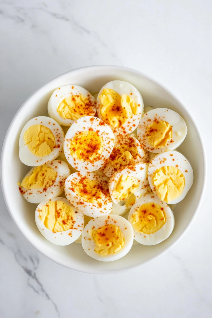 This image shows a creamy old-fashioned egg salad served in a white bowl, enriched with mayonnaise, lemon juice, dried minced onion, salt, and pepper for a timeless flavor.