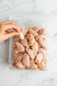 This image shows chicken pieces being coated in flour or cornstarch in a bowl, an essential step for achieving a slightly crisp texture.