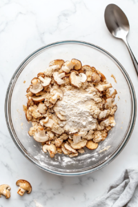 this image shows Oyster mushrooms soaking in a creamy vegan buttermilk mixture to absorb flavor and prepare for the flour coating.