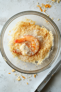 This image shows shrimp being thoroughly coated in a low-carb crumb mixture, creating a crispy layer for the Keto Bang Bang shrimp.